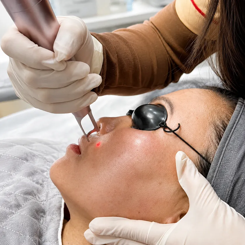 Laser treatment, with eye protection in place